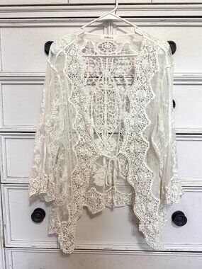 Bsubseach crochet Beach Coverup Sweater in White with front tie One-Size
